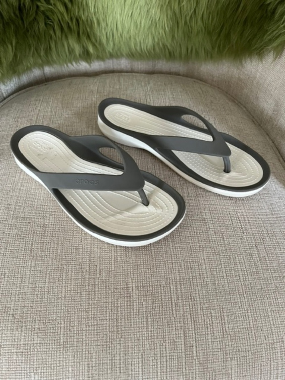 Crocs White and Grey Thong Sandals Size 7